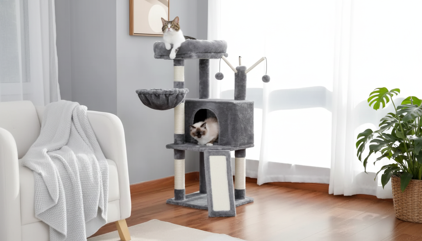 Cat Tree Tower with Hammock, Perch & Hanging Toys