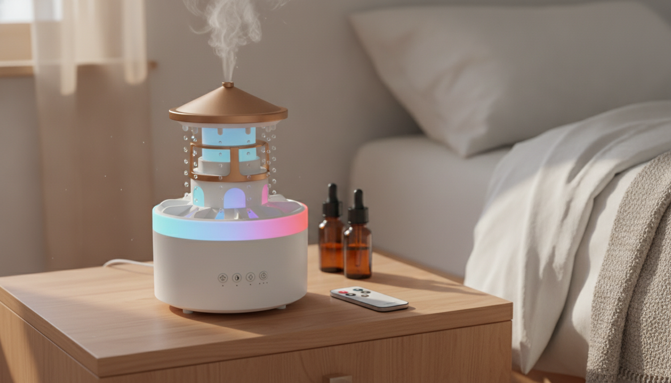Lighthouse Oil Diffuser: 7-Color Glow, Raindrops, Remote
