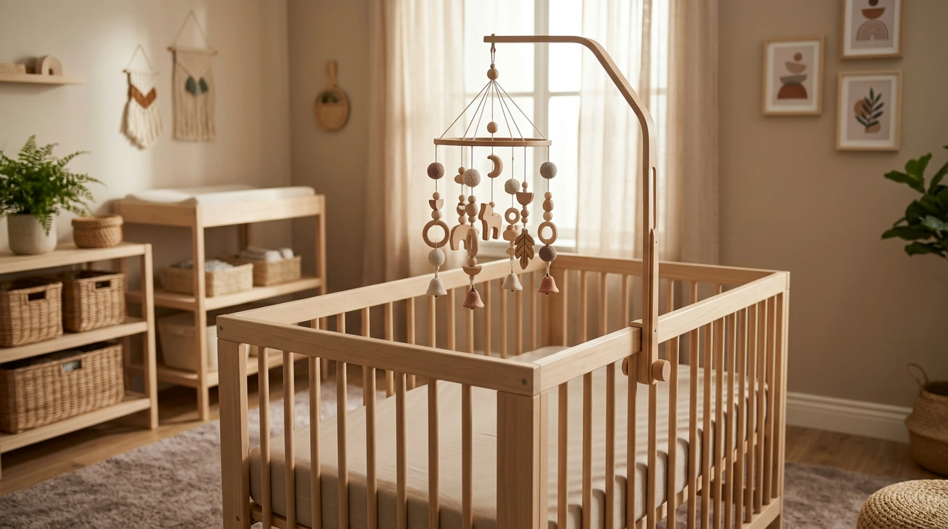 Wooden Crib Bell Mobile: Boho Holder & Rattle Tips