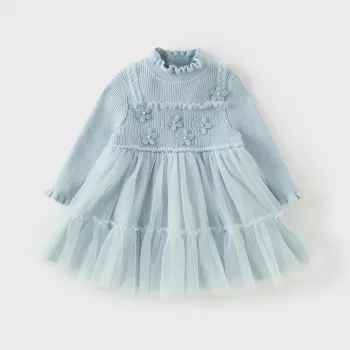 Girls’ Cozy Knit Sweater Dress with Lace & Plush Trim