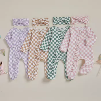 Fall Baby Girl Romper Set: Checkerboard + Ruffle Trim